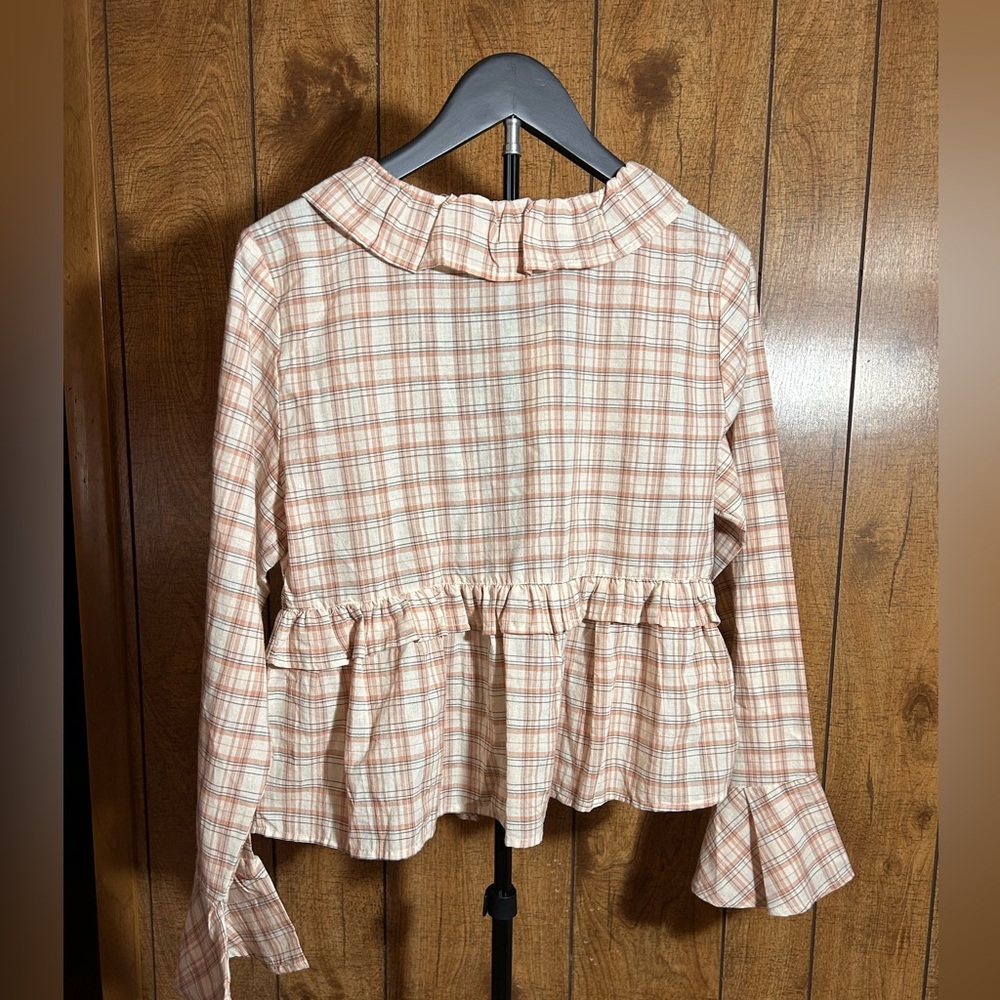 Rebellion Peach Plaid Ruffle Tie-Front Blouse - Picture 2 of 6
